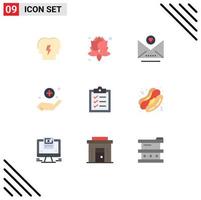 conjunto moderno de 9 colores planos pictograma de tareas de alimentos signo de lista de corazón elementos de diseño vectorial editables vector