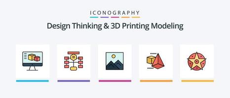 el pensamiento de diseño y la línea de modelado de impresión d llenaron el paquete de 5 iconos, incluido el signo menos. documento. Internet. contras. informática. diseño de iconos creativos vector