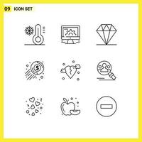 Pack of 9 Modern Outlines Signs and Symbols for Web Print Media such as broken coin web money cash Editable Vector Design Elements