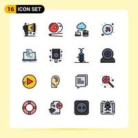 16 Thematic Vector Flat Color Filled Lines and Editable Symbols of print laptop network account up Editable Creative Vector Design Elements