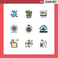 Mobile Interface Filledline Flat Color Set of 9 Pictograms of timer hotel computer service browser Editable Vector Design Elements