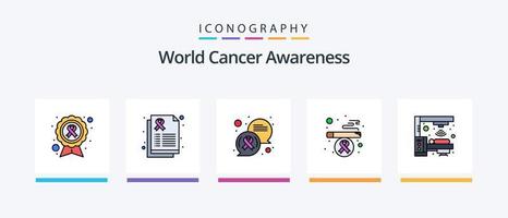 la línea mundial de concientización sobre el cáncer llenó el paquete de 5 íconos, incluido el error. síntoma. charlar. cáncer de pulmón enfermedad. diseño de iconos creativos vector