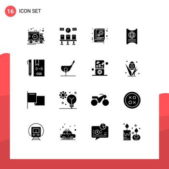 Group of 16 Modern Solid Glyphs Set for coding hotel book ticket pass Editable Vector Design Elements