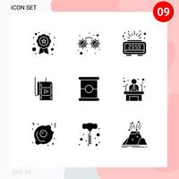 Group of 9 Solid Glyphs Signs and Symbols for spam food count down theatre movie Editable Vector Design Elements