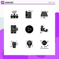 Set of 9 Commercial Solid Glyphs pack for setting global business pray gear solar Editable Vector Design Elements