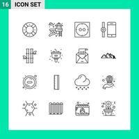 Modern Set of 16 Outlines Pictograph of disposal leaves socket green bamboo Editable Vector Design Elements