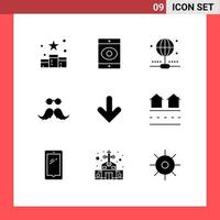 Mobile Interface Solid Glyph Set of 9 Pictograms of down men connection male hipster Editable Vector Design Elements