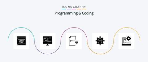 Programming And Coding Glyph 5 Icon Pack Including develop. coding. develop. file. development vector