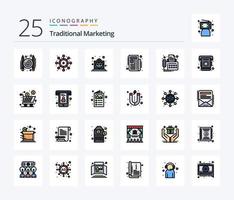 paquete de iconos rellenos de 25 líneas de marketing tradicional que incluye el dispositivo. contacto. de primera calidad. conexión. periódico vector