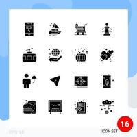 conjunto de pictogramas de 16 glifos sólidos simples de viaje juego trolly estrategia ajedrez elementos de diseño vectorial editables vector