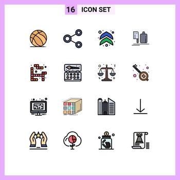 Mobile Interface Flat Color Filled Line Set of 16 Pictograms of tetris preparation social chef chopper Editable Creative Vector Design Elements