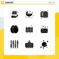 Group of 9 Modern Solid Glyphs Set for audio egg stroller chicken e learning Editable Vector Design Elements