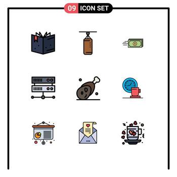 conjunto moderno de 9 colores planos y símbolos de línea de llenado, como elementos de diseño de vectores editables del centro de alojamiento de negocios de comida de jamón