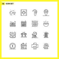 Group of 16 Modern Outlines Set for case first aid bluetooth weather forecast Editable Vector Design Elements