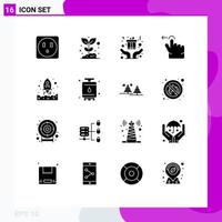 Modern Set of 16 Solid Glyphs Pictograph of up rocket christmas launching gesture Editable Vector Design Elements