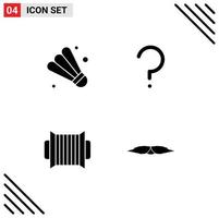 Group of 4 Modern Solid Glyphs Set for badminton instrument help mark moustache Editable Vector Design Elements