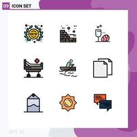 Pictogram Set of 9 Simple Filledline Flat Colors of training boat glass medical bed Editable Vector Design Elements