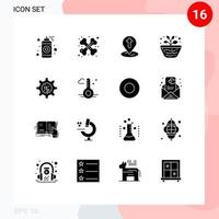 Pack of 16 Modern Solid Glyphs Signs and Symbols for Web Print Media such as earth study location science education Editable Vector Design Elements