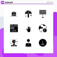 Mobile Interface Solid Glyph Set of 9 Pictograms of interface gestures eco body language setting Editable Vector Design Elements