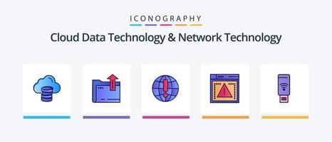 La tecnología de datos en la nube y la línea de tecnología de red llenaron un paquete de 5 íconos que incluye una carpeta. bloqueado nube . bloquear nube. diseño de iconos creativos vector