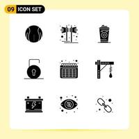 User Interface Pack of 9 Basic Solid Glyphs of calendar protect speaker lock pad black coffee Editable Vector Design Elements