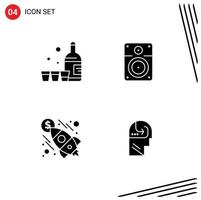 Mobile Interface Solid Glyph Set of 4 Pictograms of drink launch ireland music money Editable Vector Design Elements