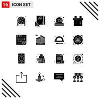 16 User Interface Solid Glyph Pack of modern Signs and Symbols of website bookmark sketching car player Editable Vector Design Elements