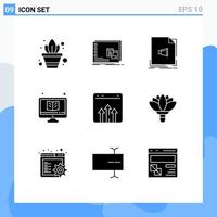 Mobile Interface Solid Glyph Set of 9 Pictograms of monitor study audio online sound Editable Vector Design Elements