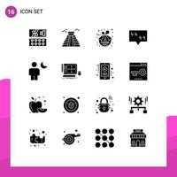 Mobile Interface Solid Glyph Set of 16 Pictograms of moon body thank avatar message Editable Vector Design Elements