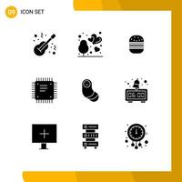 Group of 9 Solid Glyphs Signs and Symbols for processor cpu tree circuit board food Editable Vector Design Elements