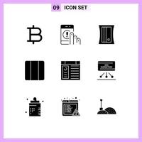 Set of 9 Vector Solid Glyphs on Grid for page app education layout grid Editable Vector Design Elements