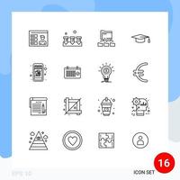 16 Universal Outlines Set for Web and Mobile Applications cart mobile shopping folder graduation hat academic Editable Vector Design Elements