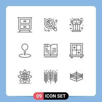 Pictogram Set of 9 Simple Outlines of book pin pillar marker location Editable Vector Design Elements