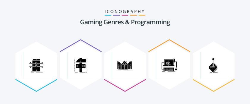 Géneros de juegos y programación Paquete de iconos de 25 glifos que incluye error. computadora. desarrollador. punto de referencia. fuerte vector