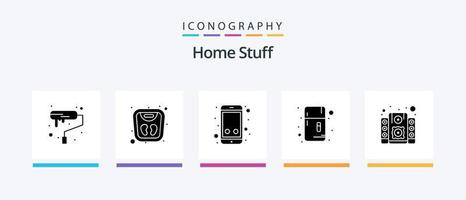 Home Stuff Glyph 5 Icon Pack Including music system. mobile. refrigerator. freezer. Creative Icons Design vector