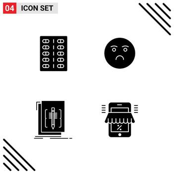 Group of 4 Modern Solid Glyphs Set for disease code form emotion editor Editable Vector Design Elements