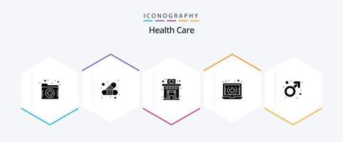 paquete de iconos de 25 glifos de cuidado de la salud, incluido el género. en línea. cuidado de la salud. médico. cuidado de la salud vector