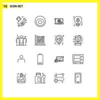 Group of 16 Modern Outlines Set for coach idea monitor funding crowd funding Editable Vector Design Elements