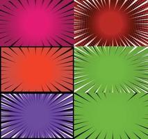 Comic book colorful frames background with halftone rays radial and dotted effects pop art style vector