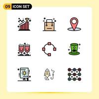 Pack of 9 Modern Filledline Flat Colors Signs and Symbols for Web Print Media such as path juice glass shop juice education Editable Vector Design Elements
