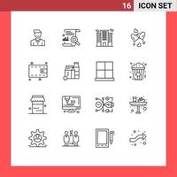 Set of 16 Vector Outlines on Grid for man work content place building Editable Vector Design Elements