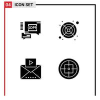 Pack of 4 creative Solid Glyphs of gdpr video computer message badge Editable Vector Design Elements