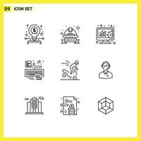 conjunto de 9 iconos de interfaz de usuario modernos símbolos signos para tipo de accidente insignia laboral teclado evaluación en línea elementos de diseño vectorial editables vector