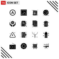 16 Thematic Vector Solid Glyphs and Editable Symbols of money business juice basket ball play Editable Vector Design Elements