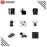 Set of 9 Modern UI Icons Symbols Signs for charge extension coffin detergent cleaner Editable Vector Design Elements