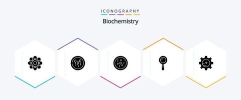 Biochemistry 25 Glyph icon pack including gear. find. process. lab. science vector