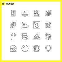 16 Universal Outlines Set for Web and Mobile Applications shield protection video network connection Editable Vector Design Elements