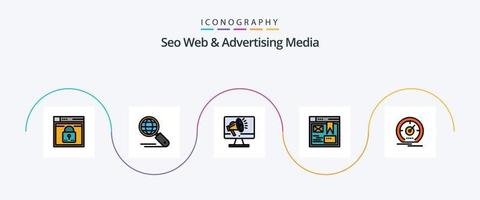 Seo Web And Advertising Media Line Filled Flat 5 Icon Pack Including design. layout. search. voice. loudspeaker vector