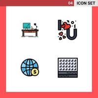 Group of 4 Filledline Flat Colors Signs and Symbols for workplace love desk table world Editable Vector Design Elements