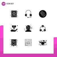 9 Thematic Vector Solid Glyphs and Editable Symbols of beauty insurance education hold school Editable Vector Design Elements